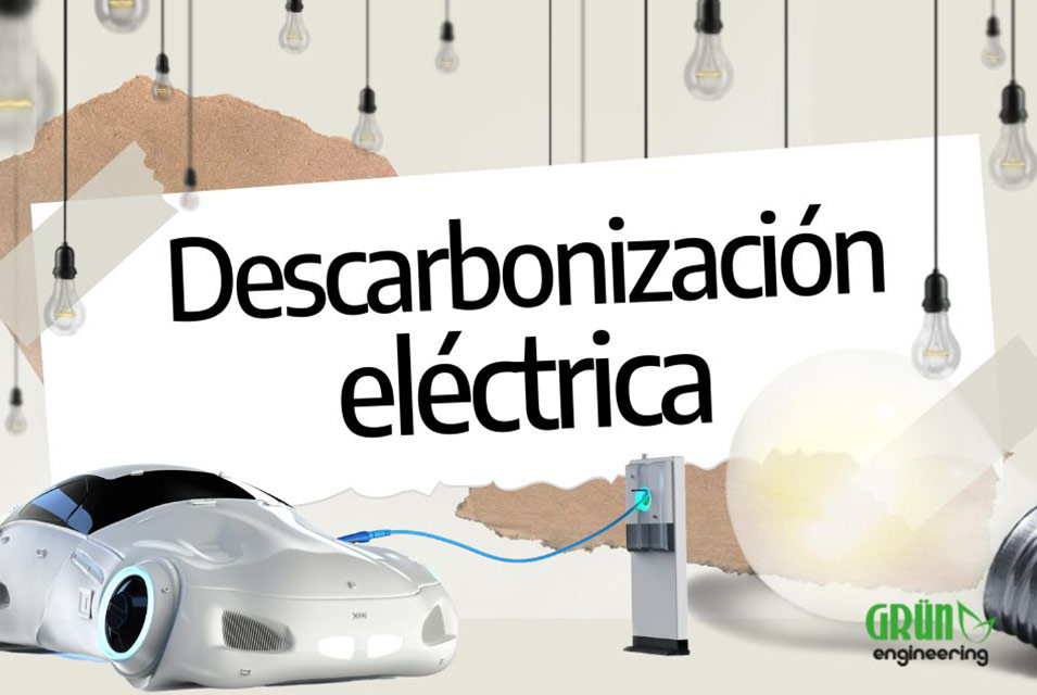 Concepto de la descarbonización eléctrica, representado por un auto recargándose de electricidad