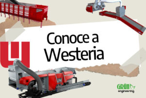Maquinaria roja para la valorización de residuos de la marca Westeria junto al título "Conoce a Westeria" y el logo de GRÜN Engineering