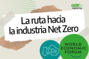 Logo del World Economic Forum, junto a ícono que hace referencia a la reducción de dióxido de carbono para alcanzar una industria Cero Emisiones Netas, o Net Zero