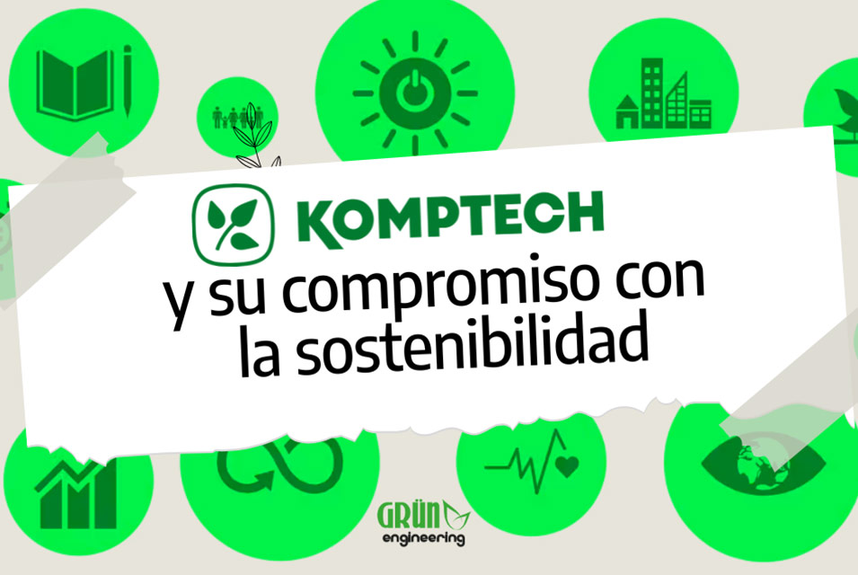 Iconos de sostenibilidad junto al logo de Komptech y el título "Komptech y su compromiso con la sostenibilidad"