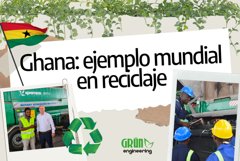 Fotografía de gente reciclando junto a maquinaria Komptech, con el texto "Ghana: ejemplo mundial en reciclaje"