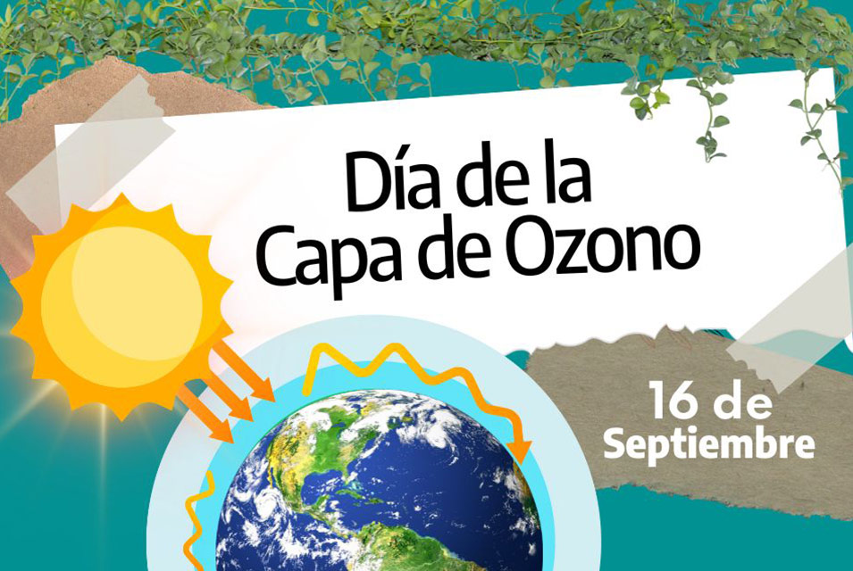 Ilustración de planeta Tierra recibiendo rayos del Sol, junto al texto "Día de la Capa de Ozono"