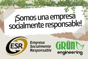 Logo de GRÜN Engineering y de ESR Empresa Socialmente Responsable junto al texto "¡Somos una empresa socialmente responsable!"
