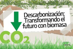 Símbolo de CO2 junto al título "Descarbonización: Transformando el futuro con biomasa"