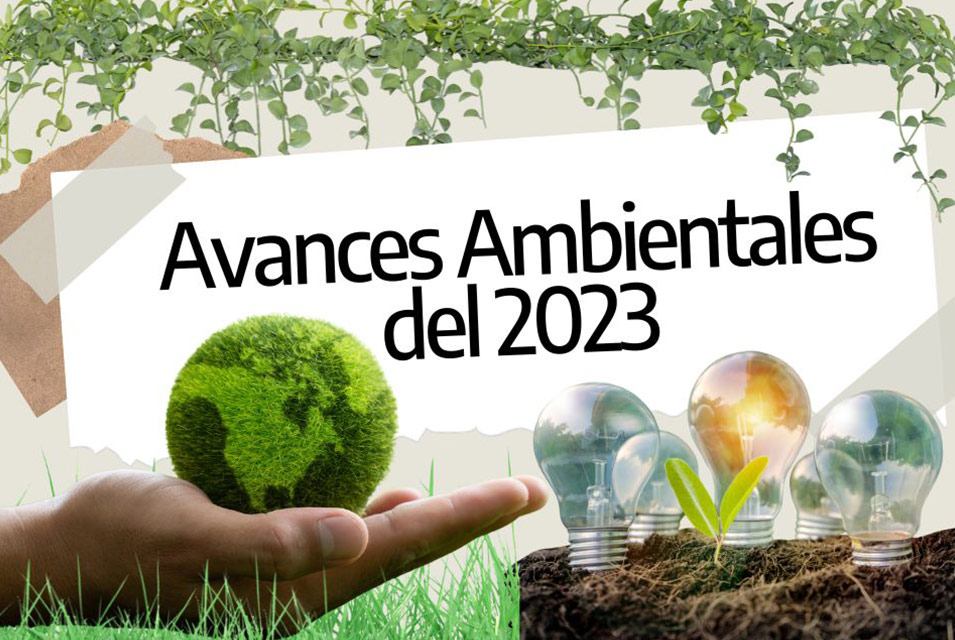 Imágenes de mano sosteniendo planeta Tierra verde y de focos ecológicos, junto al texto "Avances Ambientales 2023"