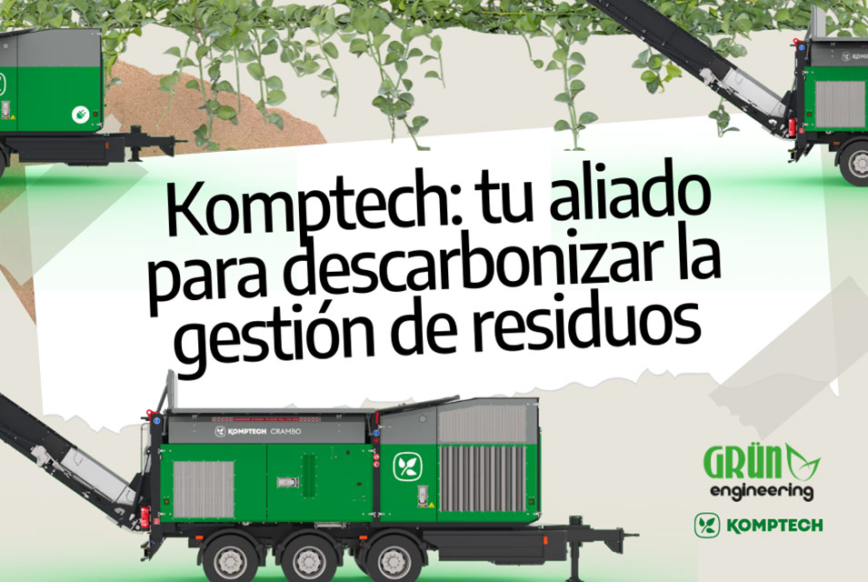 Máquinas eléctricas de Komptech junto al texto "Komptech: tu aliado para descarbonizar la gestión de residuos"